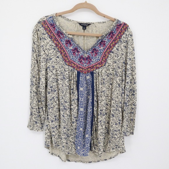 Lucky Brand Embroidered Top Womens L Floral Long Sleeve Boho Bohemian Hippie - Picture 1 of 13